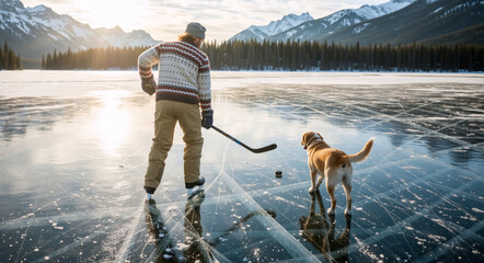 A man and his pet dog playing hockey on a frozen lake in winter. Scenic mountain landscape at golden hour