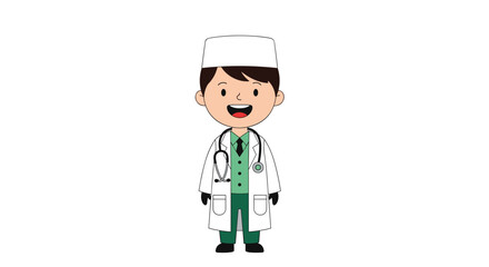 Friendly and smiling cartoon doctor character wearing a white coat, a head mirror, and a stethoscope around his neck.