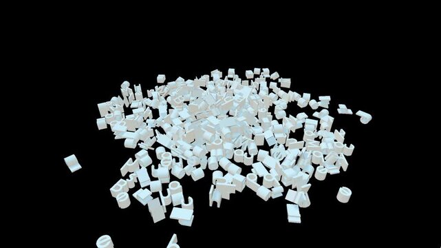 Animation of letters falling from a box from top to bottom on a black background