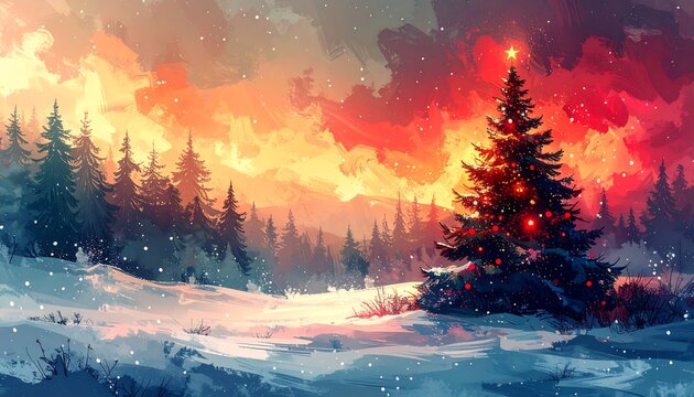 Winter landscape shows a brightly lit Christmas tree in a snow-covered forest. A colorful sky complements the scene, featuring falling snow