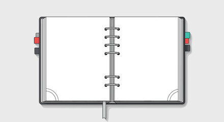Top-down view of an open ring-bound planner or notebook with blank white pages, ready for writing, drawing, or scheduling.
