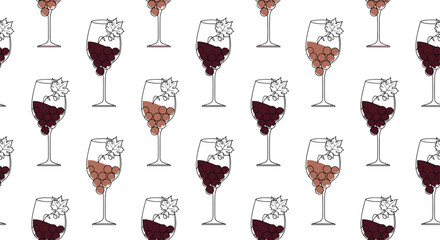 Elegant and artistic seamless pattern of wine glasses filled with red and ros� wine, decorated with grapes and vine leaves.