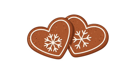 Two delicious heart-shaped gingerbread cookies decorated with white icing and a delicate snowflake design, perfect for winter holidays.