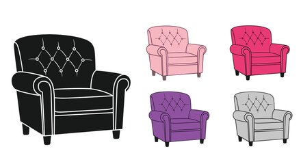 Set of elegant tufted armchairs with rolled arms, presented as a black silhouette and in four different color variations.