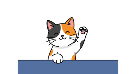 Cute and friendly calico cat character peeking over a blue surface and waving a paw in a cheerful greeting.