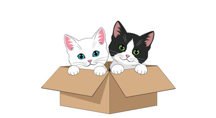 Two adorable and cute kittens, one white with blue eyes and one black and white, peeking out of a cardboard box on a plain white background.