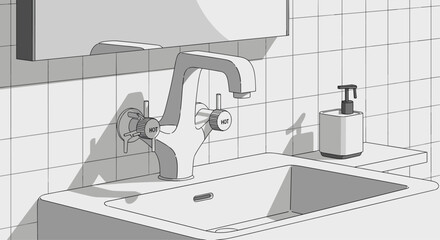 Monochromatic black and white illustration of a modern bathroom sink with a stylish faucet, a soap dispenser, and a tiled wall.