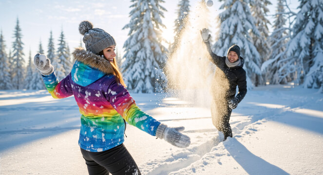 Happy young couple having a fun snowball fight in a snowy winter forest. Man and woman playing together outdoors on a sunny day