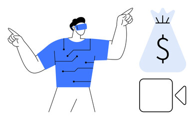 Man wearing virtual reality headset interacting with technology-themed elements thumbs up a money bag and video icon. Ideal for virtual reality, fintech, digital marketing, gaming, online