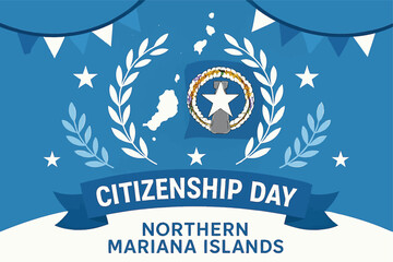 citizenship day, northern mariana islands, celebration banner, island silhouette, blue background, laurel