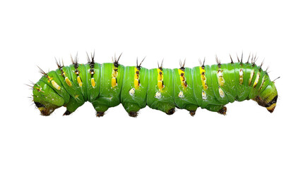 Bright green caterpillar with segmented body texture and vivid yellow markings shown in detailed macro side view isolated cleanly on white background