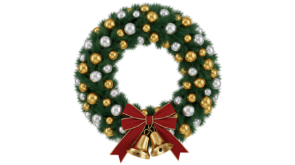 Festive christmas wreath adorned with golden and silver baubles and a red bow with bells