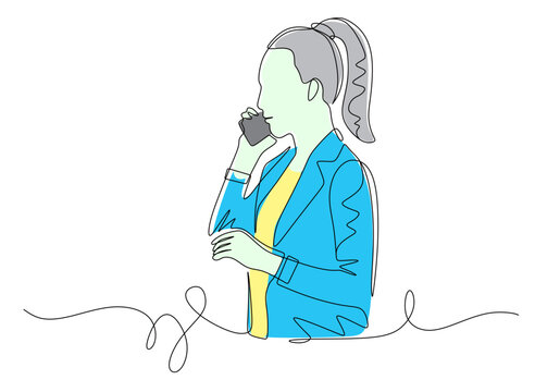 Continuous line art of a businesswoman receiving a phone call from a client and ready to accept a large order. Vector illustration with attractive colors.