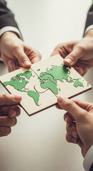 Close-up of hands joining a green world map puzzle, symbolizing global collaboration, unity, and partnership in business