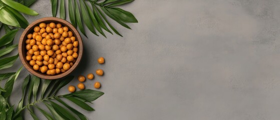 Wooden bowl filled with small orange berries surrounded by fresh green leaves on a textured gray surface