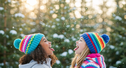 Two diverse girls catching snowflakes on their tongues in winter. Happy African American and Causian friends playing outdoors in a snowy forest. Childhood friendship and fun