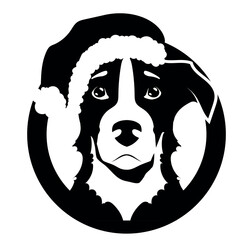 A captivating vector illustration featuring a cartoon-stylized black and white dog, wearing a festive New Year's party hat, neatly framed within a perfectly round border. 