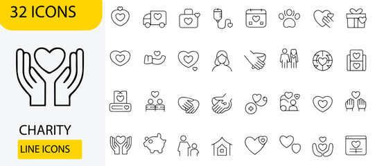 Charity and donation line icon set vector outline design elements for nonprofit organizations isolated on white background