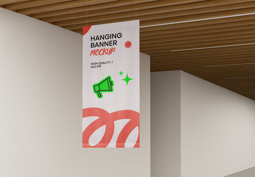 Hanging Banner Mockup Template &ndash; Realistic Vertical Fabric Advertising Display with Soft Indoor Lighting
