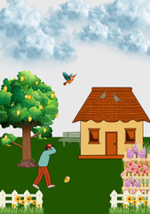 Man playing with a ball in a yard near a house and tree