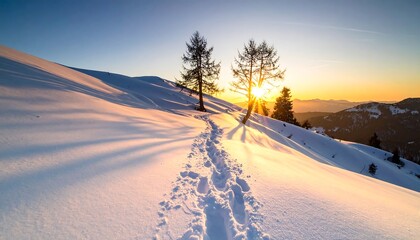 Winter landscape with sun setting behind trees on a snowy hillside. Footprints mark a path upward, shadows lengthen