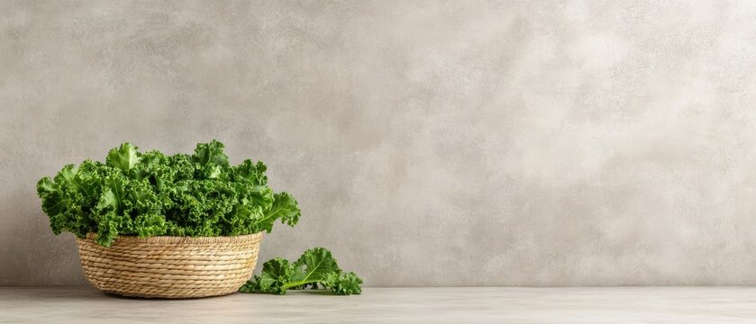 Fresh green kale leaves in a woven basket on a textured background, healthy food concept.