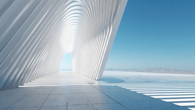 Modern white architectural tunnel opening to vast desert landscape under blue sky - Powered by Adobe