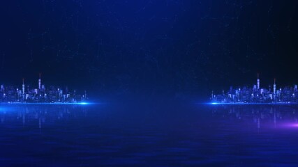 Digital cityscape neon blue lights, showcasing futuristic architecture advanced technology in a virtual environment. cyber world map earth metaverse 3D city virtual Smart city IOT internet of thing - Powered by Adobe