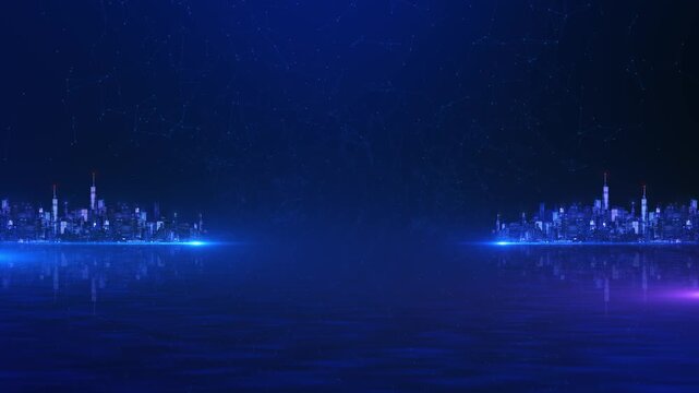 Digital cityscape neon blue lights, showcasing futuristic architecture advanced technology in a virtual environment. cyber world map earth metaverse 3D city virtual Smart city IOT internet of thing