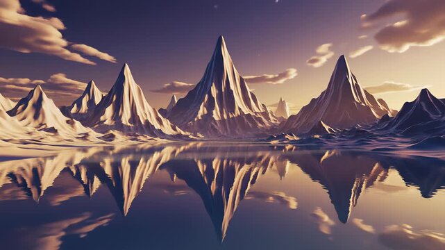 Majestic mountain range with serene lake, desert landscape, and puffy clouds invites viewers to escape into a fantasy world of limitless possibility, perfect for illustrating concepts related to.
