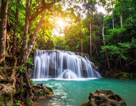 Serene Waterfall in Lush Tropical Forest