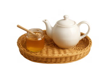 White teapot and honey jar on wicker tray