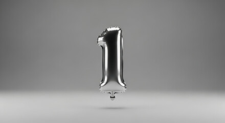 Silver metallic number one balloon floating against a gradient gray background