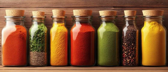 Various colorful ground spices and dried herbs in clear glass jars with cork stoppers arranged on a rustic wooden surface.