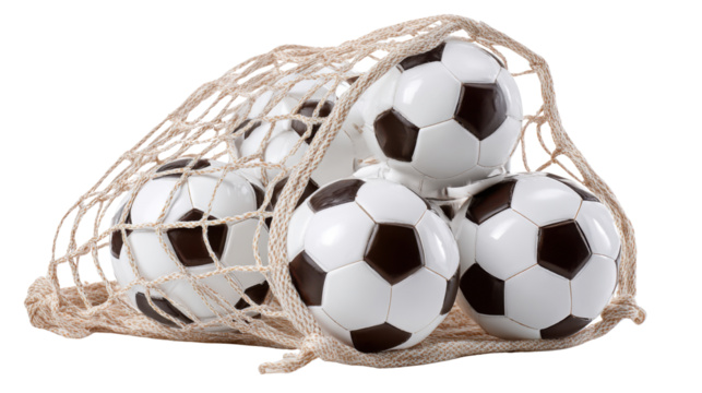 Collection of classic black and white soccer balls tightly packed inside sports net representing training equipment, teamwork and athletic activity on white background