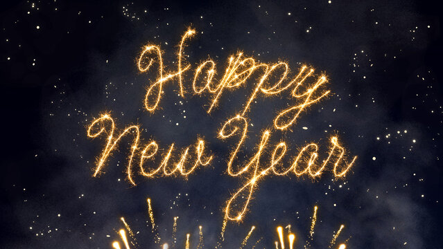 Happy New Year dazzling message in gold script traced by a sparkler on a dark, particle-filled background with light bursts below