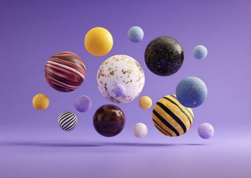 Abstract colorful textured spheres floating in space against a vibrant purple background