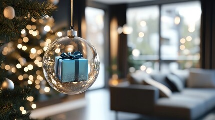 hanging glass christmas tree ball in cozy livingroom