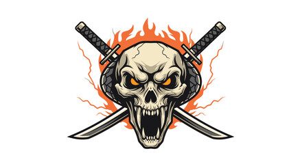 Skull with crossed swords and a snake, flames in the background, creating a fierce and striking design.