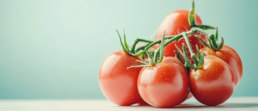 Ripe red tomatoes on vine, fresh organic produce, bright and healthy food background, close up.