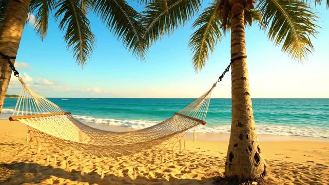 A tranquil scene from a personal travel diary, capturing a peaceful hammock swinging between two palm trees on a sunny tropical beach paradise