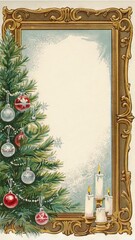 Christmas frame with candle and fir branches
