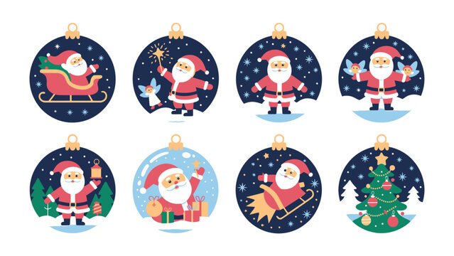 Christmas Bauble Collection: A festive array of Christmas baubles, each intricately designed, showcasing different whimsical scenes of Santa Claus and winter motifs.
