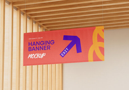Hanging Horizontal Banner Mockup Template &ndash; Realistic Fabric Advertising Display for Indoor Retail and Modern Architecture Spaces