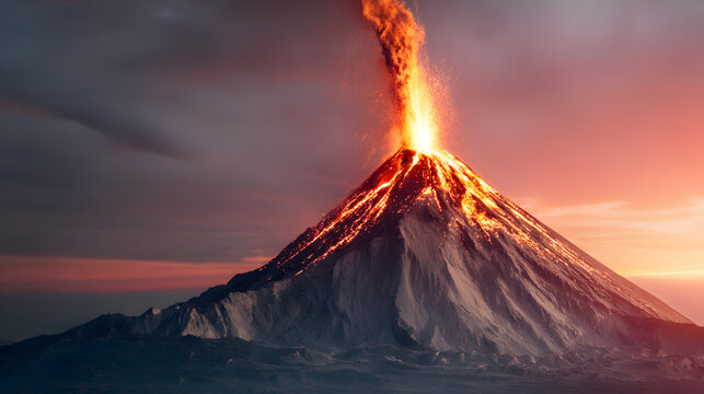 erupting. A powerful volcano erupting with lava and ash against the sky. ESG reports, sustainability campaigns, designed for sustainability communications and ESG reporting.
