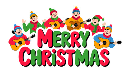 Joyful Christmas Carols: A vibrant illustration shows a group of carolers joyfully singing Christmas carols together, with festive attire and instruments.