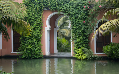 Obraz premium Tropical Courtyard Backdrop with Stone Arches, Cascading Bougainvillea and Calm Backwater Reflections in Morning Light