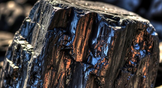 Close-up of a Shiny Black Obsidian Rock with Reflections.