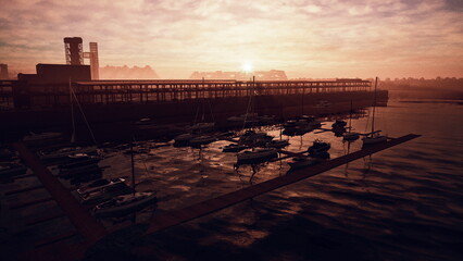 Obraz premium A serene marina at sunset shows boats bobbing gently in the water, with warm colors painted across the sky. Shadows of the dock and buildings create a tranquil evening atmosphere.
