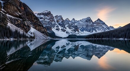 Moraine Lakes Serene Reflection of Snow-Capped Mountains at Dusk.